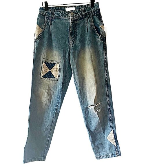 Free People Size 26 Down to‎ Earth Patchwork Jeans Light Wash Distressed - Picture 2 of 6